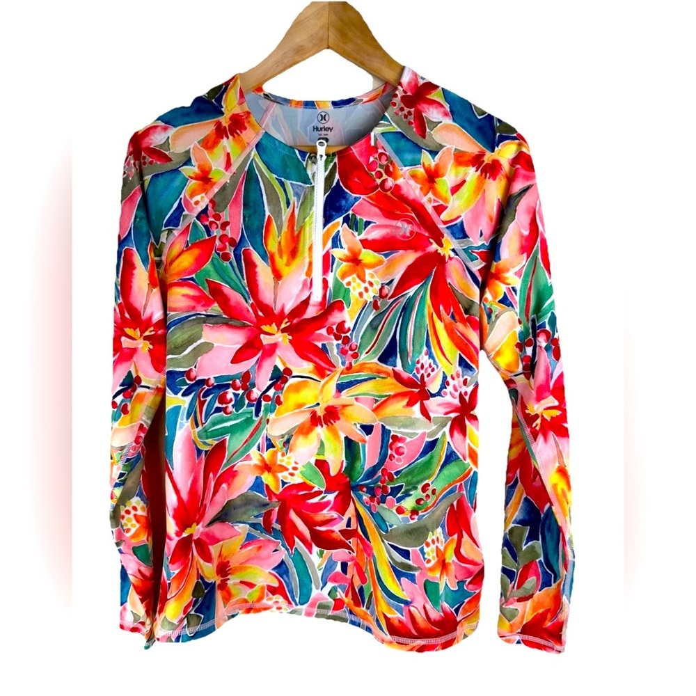 Hurley Colorful Tropical Floral Long Sleeve Rash Guard UPF 50+ 1/4‎ Zip Size S
